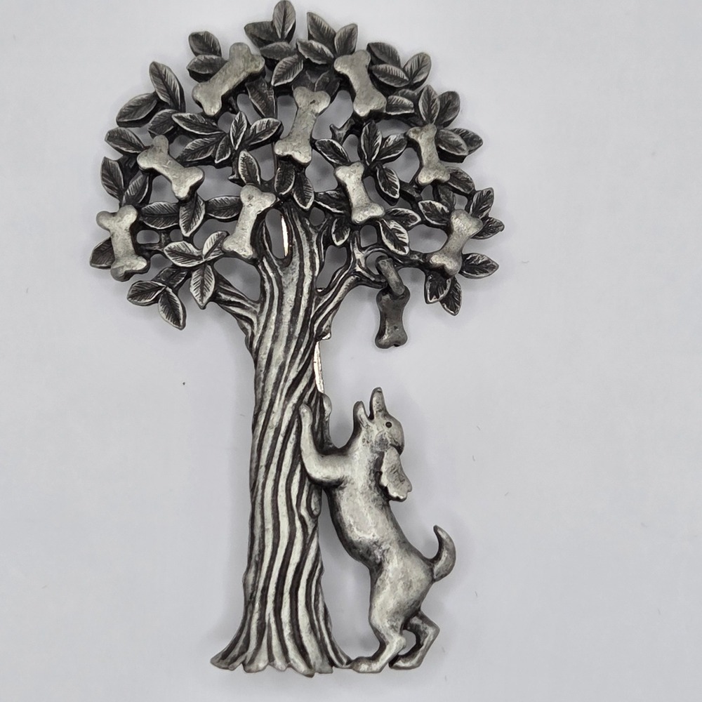 Vintage JJ Jonette Dog Wishing Tree Bone Brooch Pewter Tone Signed